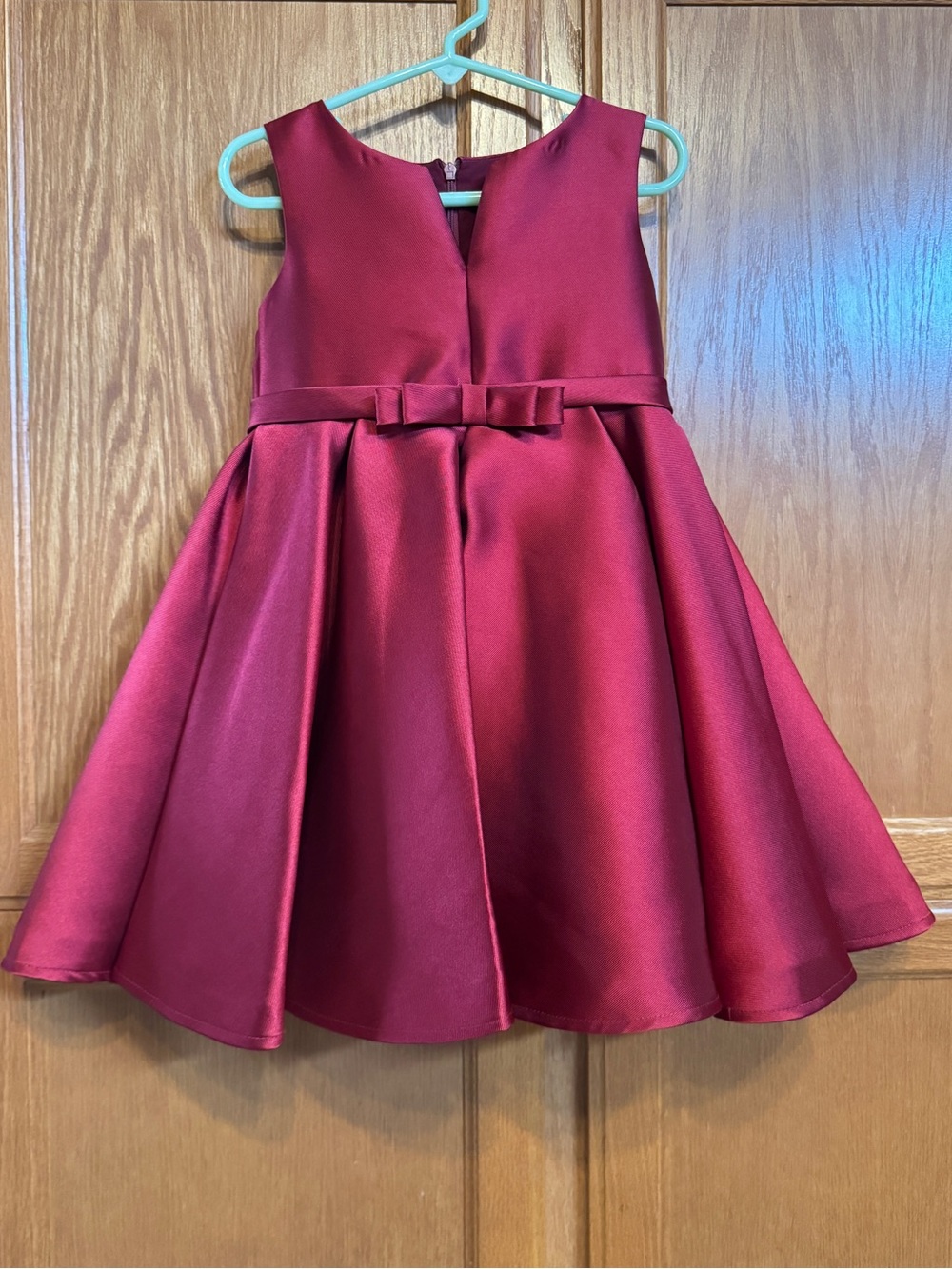 Girls' Satin Party Dress with Bow - Burgundy